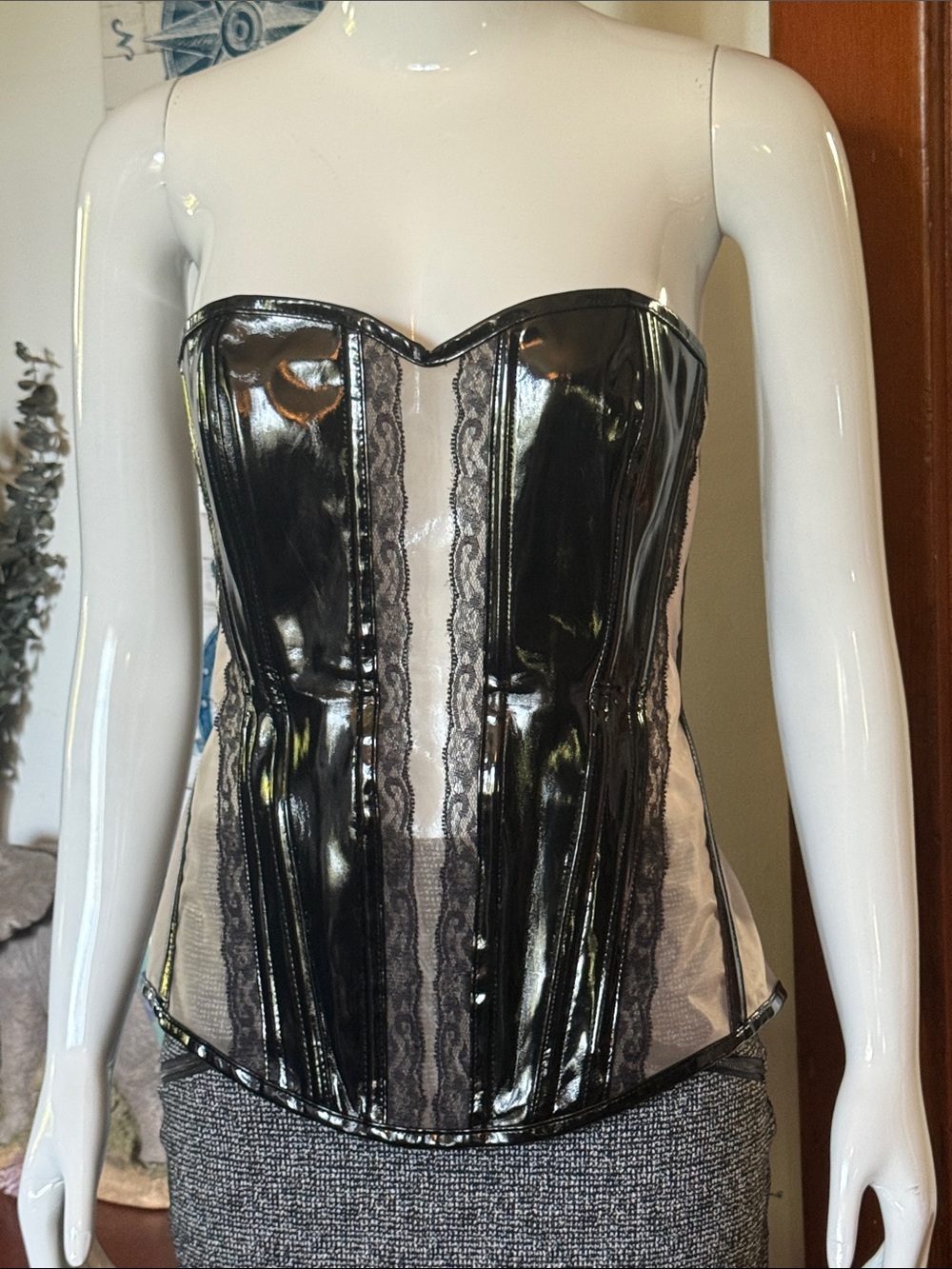 Shirley of Hollywood size 2XLBlack Patent Vinyl and Sheer Lace Bustier Corset